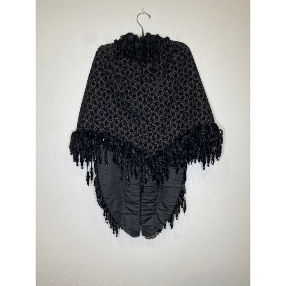 Black Chenille Velvet Beaded Shawl Vintage OS Soft Costume Lined Women’s Fancy - Picture 7 of 13